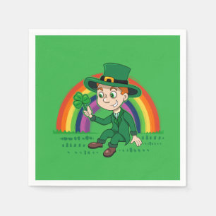Cute cartoon leprechaun with shamrock and rainbow napkin
