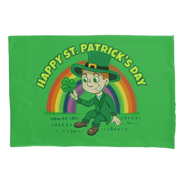Cute cartoon leprechaun with shamrock and rainbow pillowcase (Front)