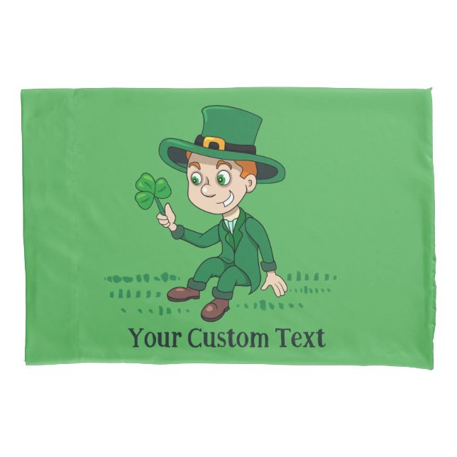 Cute cartoon leprechaun with shamrock and rainbow pillowcase (Front)