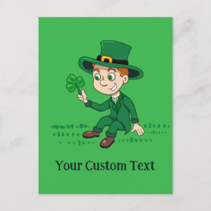 Cute cartoon leprechaun with shamrock and rainbow postcard