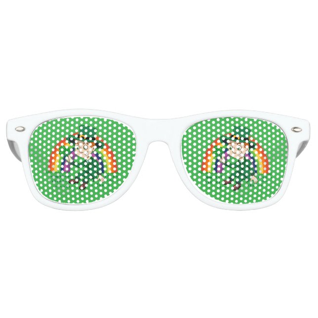 Cute cartoon leprechaun with shamrock and rainbow retro sunglasses (Front)