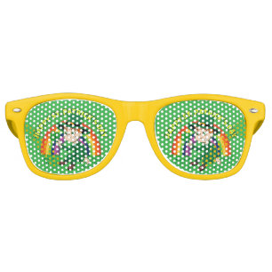 Cute cartoon leprechaun with shamrock and rainbow retro sunglasses