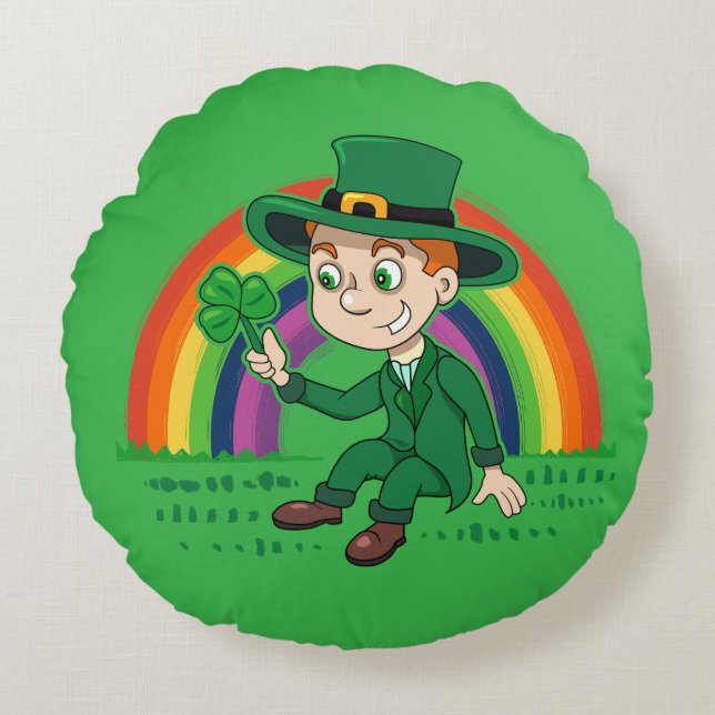 Cute cartoon leprechaun with shamrock and rainbow round cushion (Front)