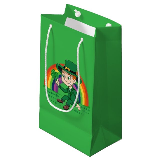 Cute cartoon leprechaun with shamrock and rainbow small gift bag (Front Angled)