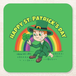 Cute cartoon leprechaun with shamrock and rainbow square paper coaster