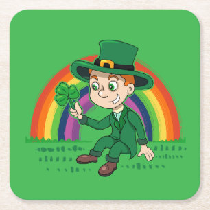 Cute cartoon leprechaun with shamrock and rainbow square paper coaster