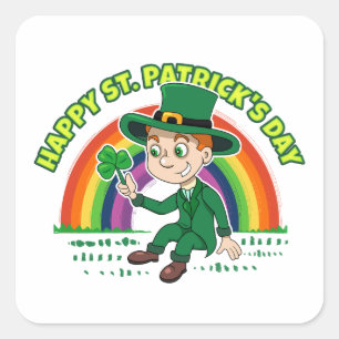 Cute cartoon leprechaun with shamrock and rainbow square sticker