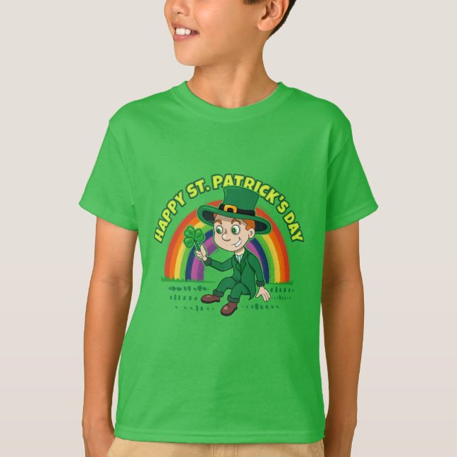 Cute cartoon leprechaun with shamrock and rainbow T-Shirt (Front)