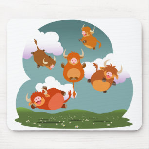 Cute Cartoon Levitating Highland Cows Mousepad