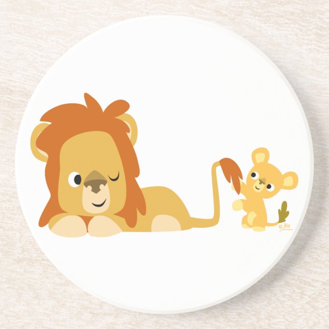 Cute Cartoon Lion Dad and Cub Coaster (Front)