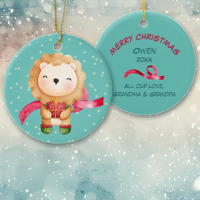Cute Cartoon Lion Grandchild Christmas Ceramic Ornament (Creator Uploaded)