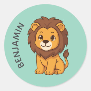 Cute Cartoon Lion Green Custom Name Classic Round Sticker