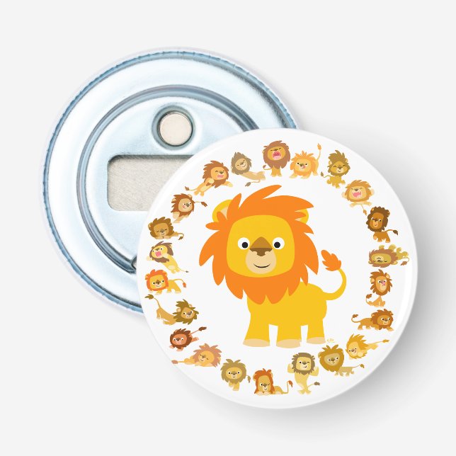 Cute Cartoon Lion Mandala Button Bottle Opener (Front)