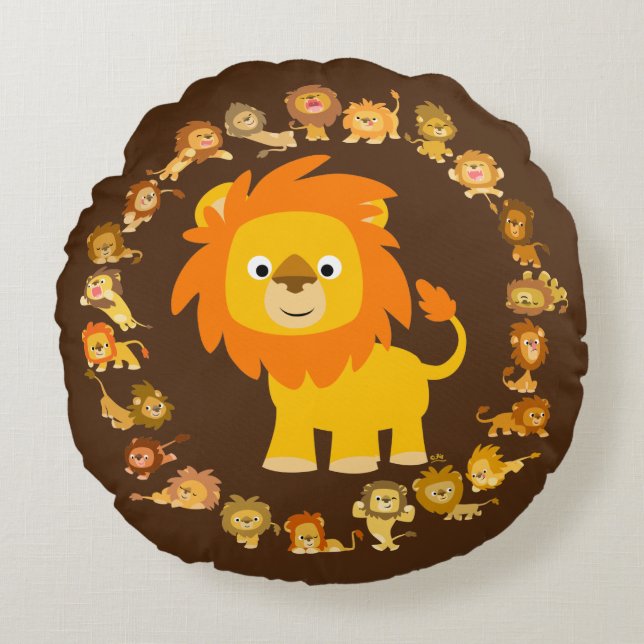 Cute Cartoon Lion Mandala Round Pillow (Front)