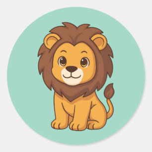 Cute Cartoon Lion on Green Classic Round Sticker