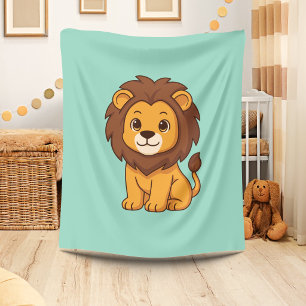 Cute Cartoon Lion on Green Fleece Blanket