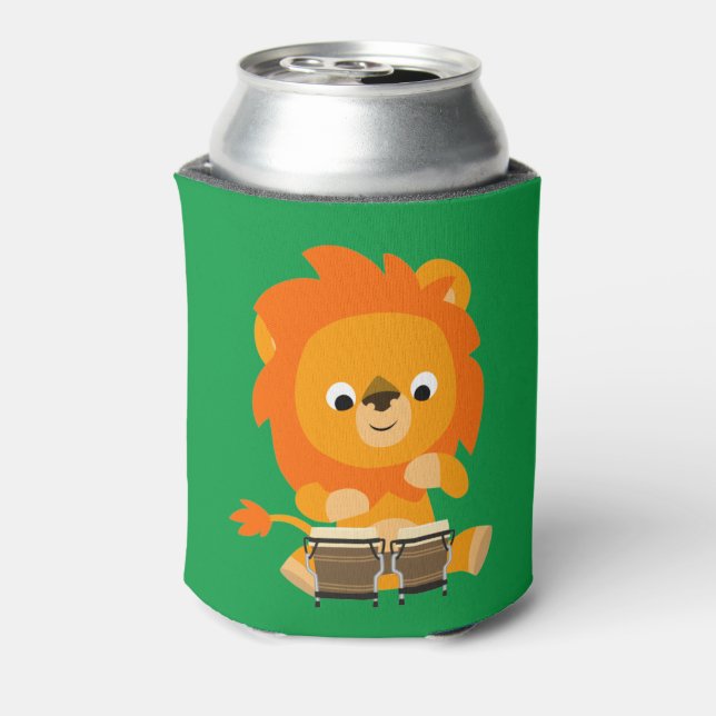 Cute Cartoon Lion Playing Bongos Can Cooler (Can Back)