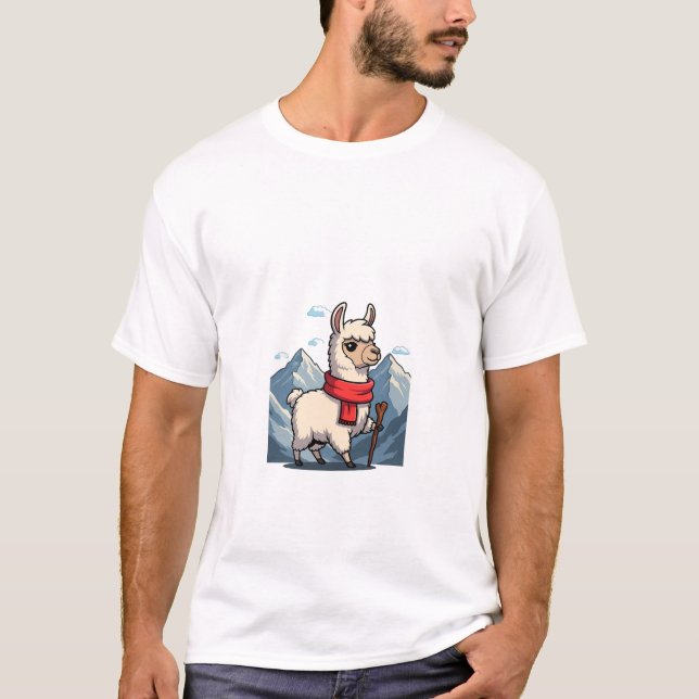 Cute Cartoon Llama Hiker with Red Scarf T-Shirt (Front)