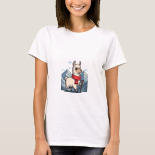 Cute Cartoon Llama Hiker with Red Scarf T-Shirt