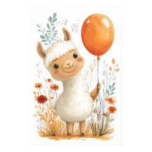 Cute Cartoon Llama Holding Orange Balloon Poster