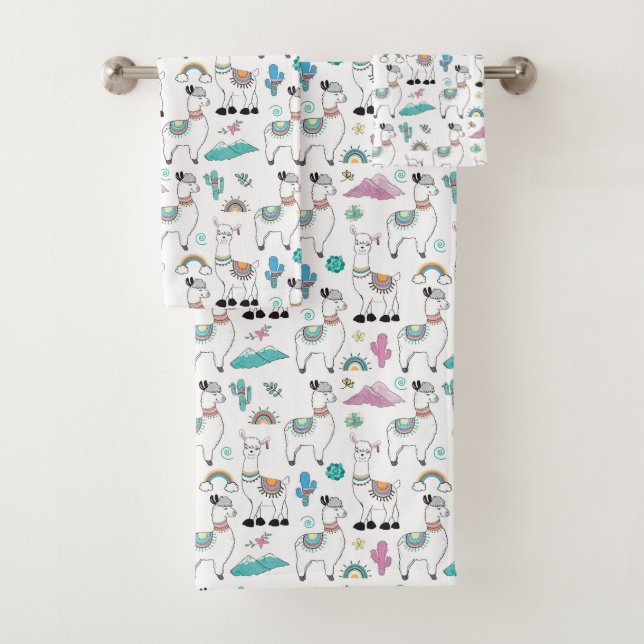 Cute Cartoon Llama Pattern Bath Towel Set (Insitu)