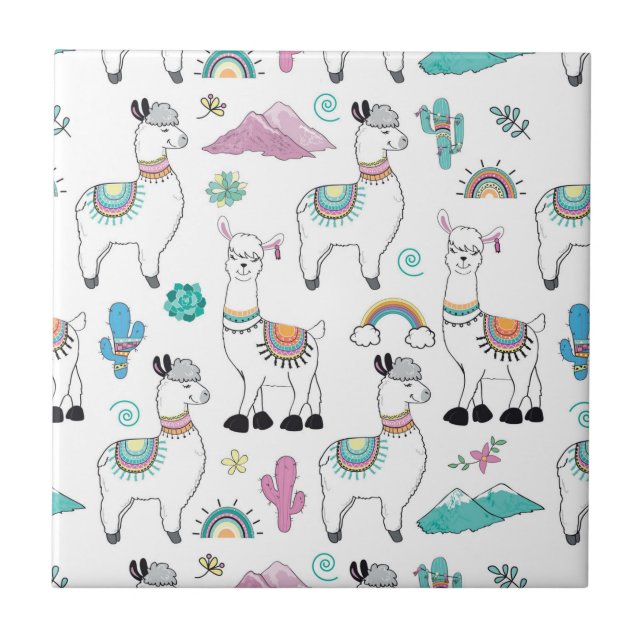 Cute Cartoon Llama Pattern Ceramic Tile (Front)