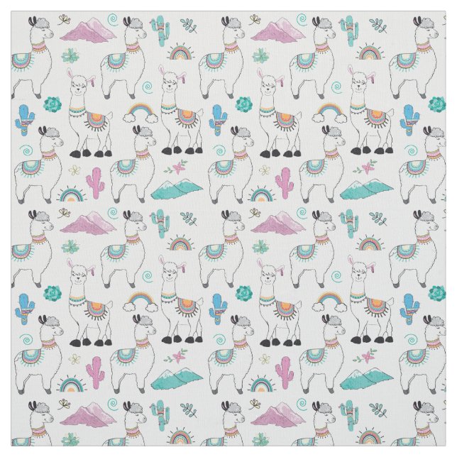 Cute Cartoon Llama Pattern Fabric (Swatch)