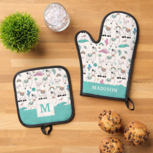 Cute Cartoon Llama Pattern Oven Mitt & Pot Holder Set