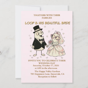 Cute Cartoon Loop Character Whimsical Pink Wedding Invitation