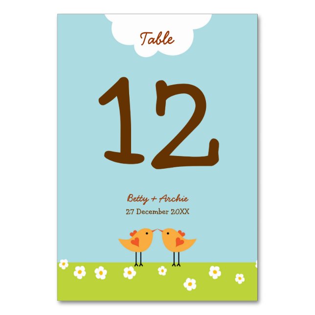 Cute Cartoon Love Birds (Day) Wedding Table Number (Front)