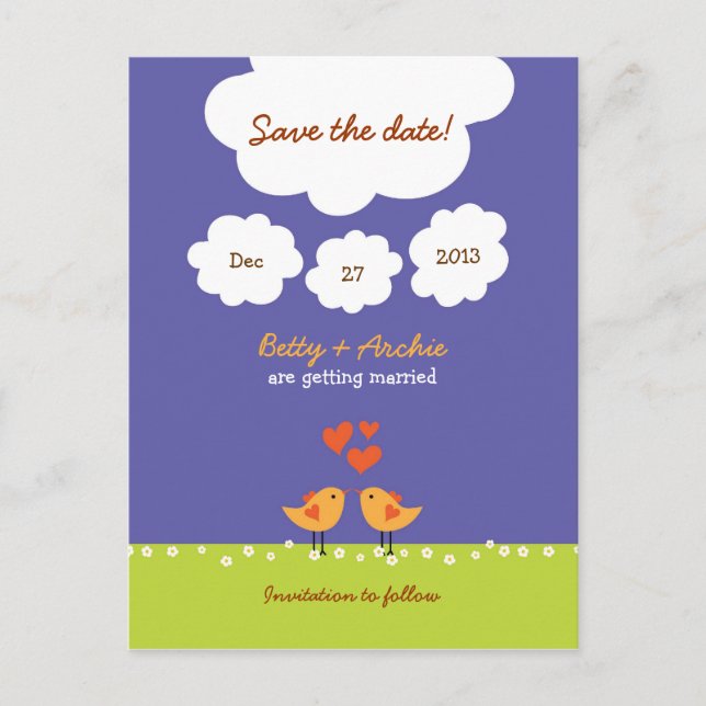 Cute Cartoon Love Birds (Night) Wedding Announcement Postcard (Front)