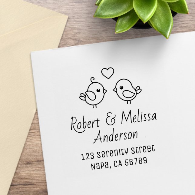 Cute Cartoon Lovebirds Couple Address Rubber Stamp (Creator Uploaded)