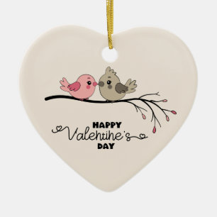 Cute Cartoon Lovebirds on branch Valentine’s Day Ceramic Ornament