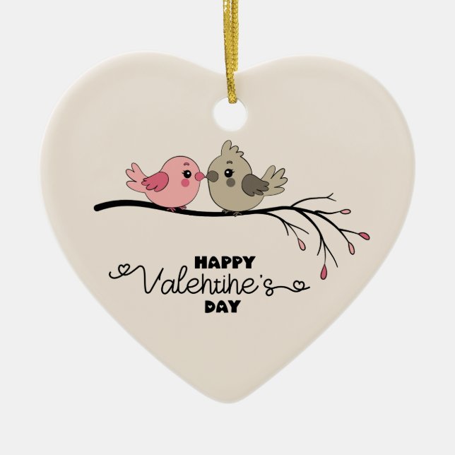 Cute Cartoon Lovebirds on branch Valentine’s Day Ceramic Ornament (Front)