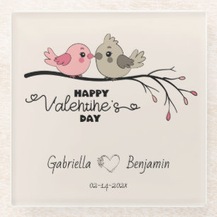 Cute Cartoon Lovebirds on branch Valentine’s Day Glass Coaster