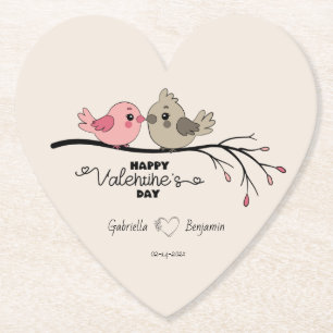 Cute Cartoon Lovebirds on branch Valentine’s Day Paper Coaster