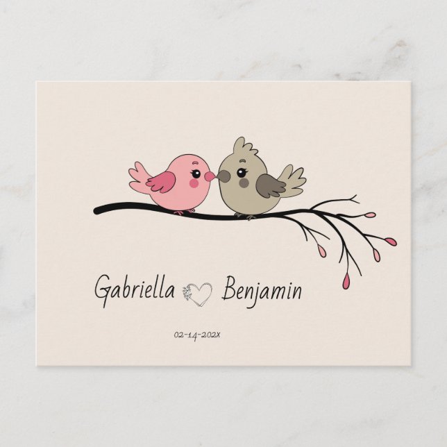 Cute Cartoon Lovebirds on branch Valentine’s Day Postcard (Front)