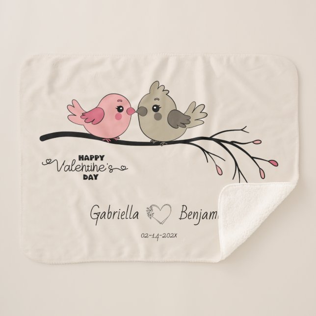 Cute Cartoon Lovebirds on branch Valentine’s Day  Sherpa Blanket (Front (Horizontal))