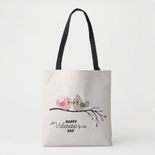 Cute Cartoon Lovebirds on branch Valentine’s Day Tote Bag