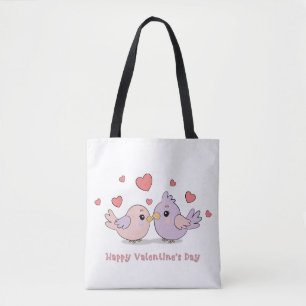 Cute Cartoon Lovebirds Pink Heart Valentine’s Day Tote Bag