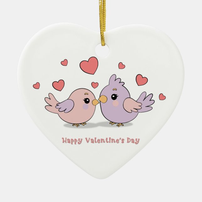 Cute Cartoon Lovebirds Pink Hearts Valentine’s Day Ceramic Ornament (Front)