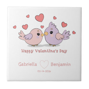 Cute Cartoon Lovebirds Pink Hearts Valentine’s Day Ceramic Tile