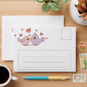 Cute Cartoon Lovebirds Pink Hearts Valentine’s Day Envelope