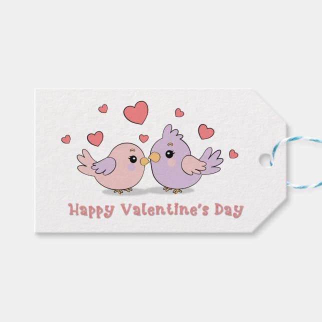 Cute Cartoon Lovebirds Pink Hearts Valentine’s Day Gift Tags (Front (Horizontal))