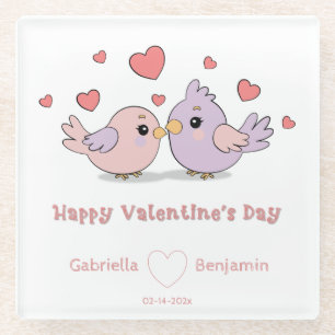 Cute Cartoon Lovebirds Pink Hearts Valentine’s Day Glass Coaster