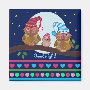 Cute cartoon magnet with sleepy Owl family