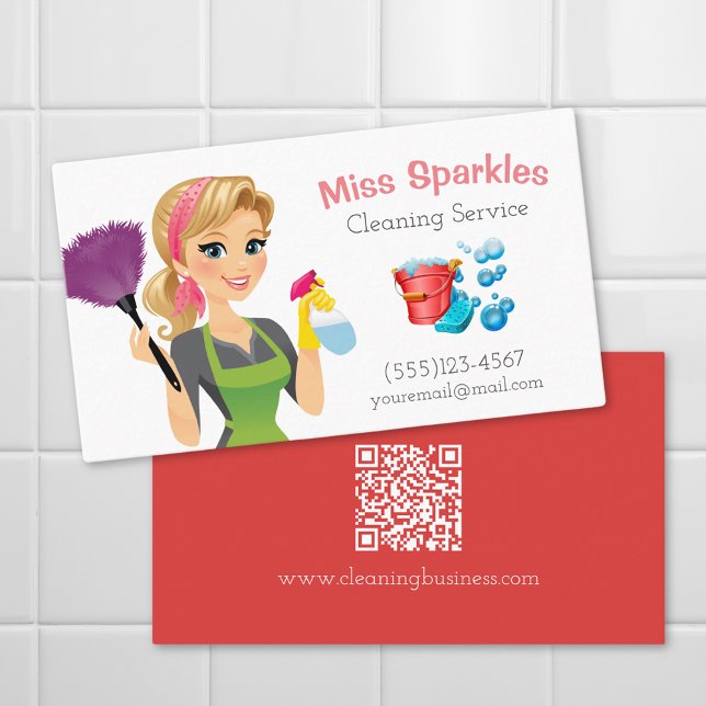Cute Cartoon Maid House Cleaning Service QR Code Business Card (Creator Uploaded)
