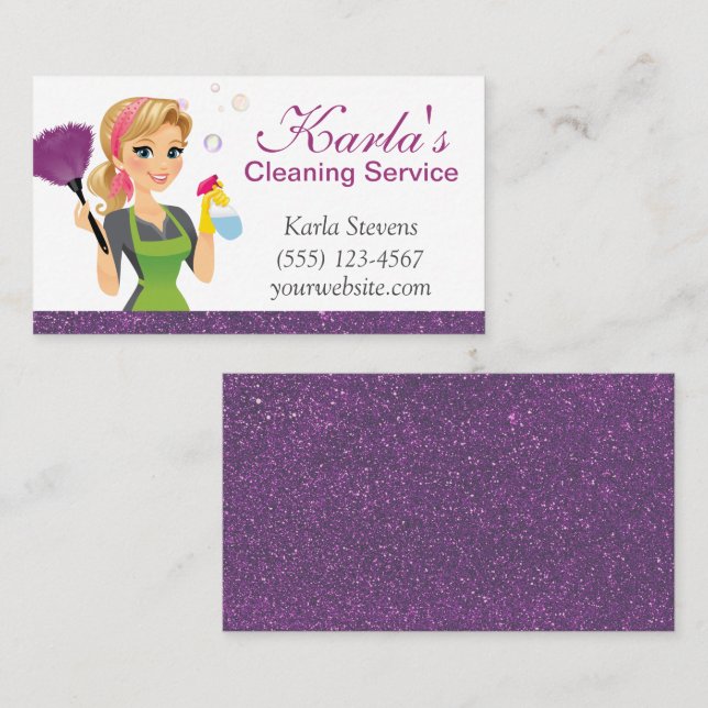 Cute Cartoon Maid Sparkle House Cleaning Services Business Card (Front/Back)
