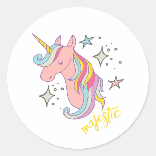 Cute Cartoon Majestic Unicorn Classic Round Sticker (Front)