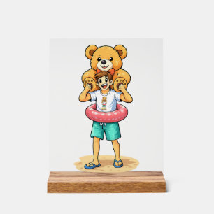 Cute Cartoon Man with Giant Teddy Bear Summer Fun Acrylic Sign